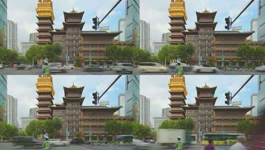 上海交警交通车辆静安寺街道车流人流慢门高清在线视频素材下载