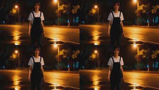 夜晚街道上站立的年轻女孩高清在线视频素材下载
