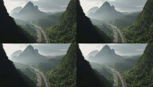早晨阳光下广西贺州喀斯特山谷中的高速公路高清在线视频素材下载