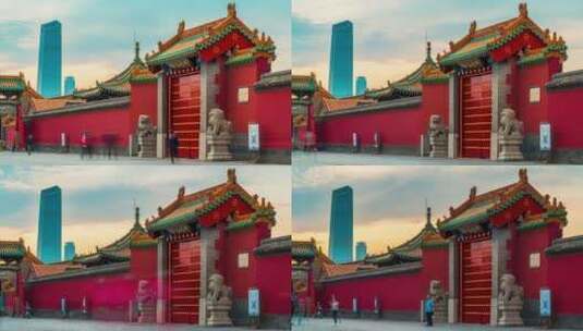 中国辽宁沈阳故宫博物馆古代建筑与现代高楼高清在线视频素材下载