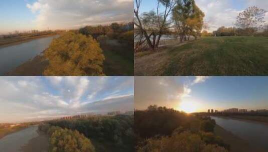 穿越机 夕阳 自然 树林 河边 风景高清在线视频素材下载