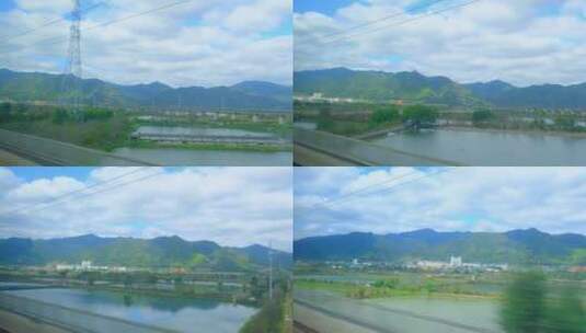 高速行驶中的高铁动车火车窗外远山田野风景高清在线视频素材下载