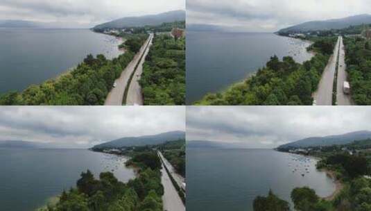 云南松茸航拍抚仙湖畔公路汽车船709高清在线视频素材下载