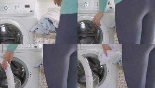 女人把脏衣服放进洗衣机高清在线视频素材下载