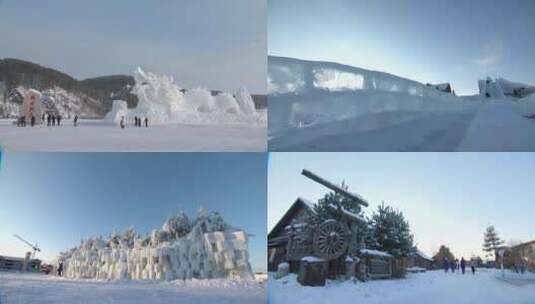 漠河北极村 游赏冬季北极村的雪景 冰雕高清在线视频素材下载