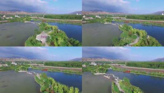 海东市 三河六岸公园 航拍 人工湖 湟水河高清在线视频素材下载