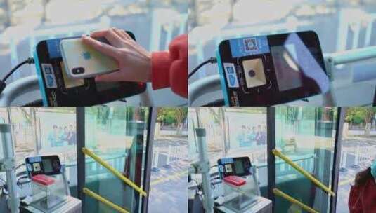 乘客在公交车上用手机支付刷卡高清在线视频素材下载