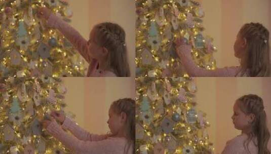 装饰圣诞树的小女孩高清在线视频素材下载
