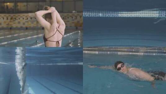 游泳池自由泳技术训练高清在线视频素材下载