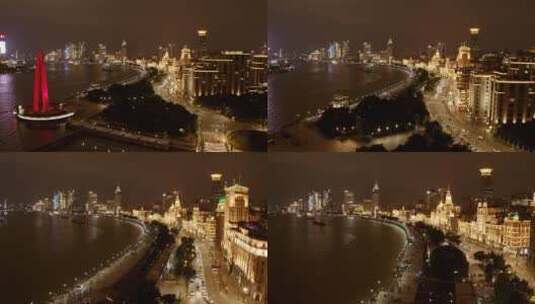 航拍上海外滩钟楼夜景灯光高清在线视频素材下载