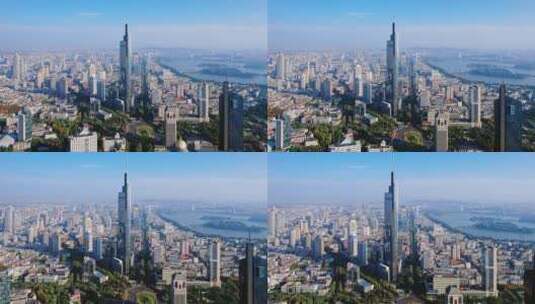中国江苏南京紫峰大厦和城市天际线航拍高清在线视频素材下载