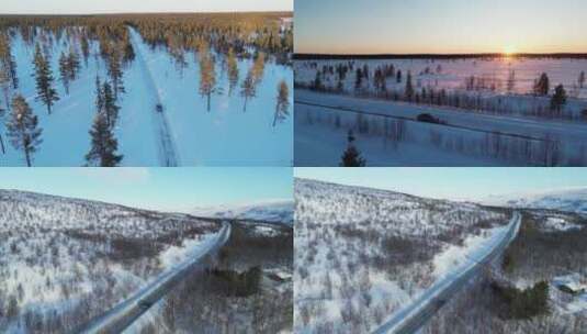 冬季大雪汽车在森林公路上行驶高清在线视频素材下载