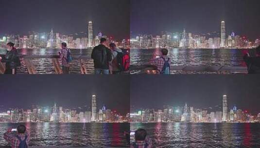 香港维多利亚港夜景拍照的人高清在线视频素材下载