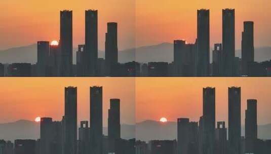 南昌CBD双子塔日落唯美长焦拍摄高清在线视频素材下载