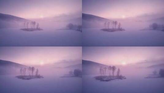 航拍冬季河面日出雾气弥漫高雅唯美雪景高清在线视频素材下载