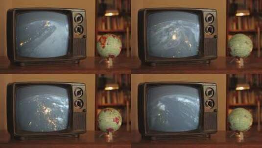 复古电视和地球上的太空星球。高清在线视频素材下载
