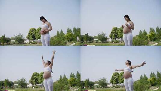 准妈妈孕妇在花园抚摸大肚子展开双臂高清在线视频素材下载
