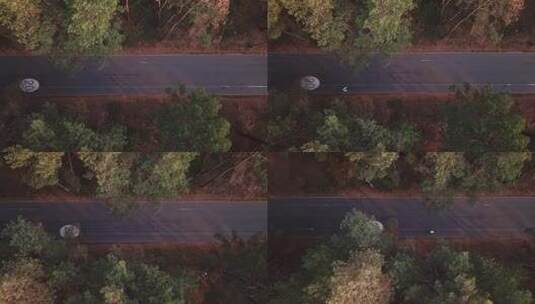 无人机在森林公路上起飞，限速为20公里高清在线视频素材下载