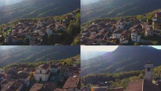 意大利布雷西亚多洛米蒂山脉贝尔普拉托山村的鸟瞰图。高清在线视频素材下载