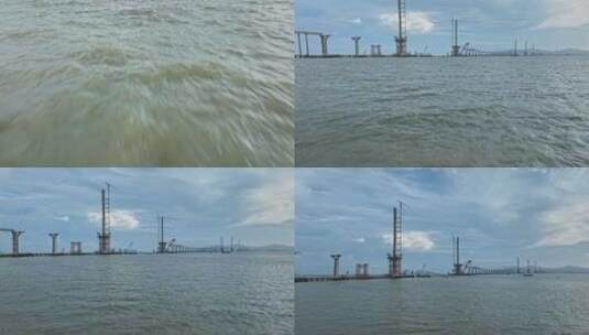 4k航拍珠海黄茅海跨海大桥钢箱梁吊装高清在线视频素材下载