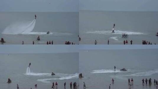 威海国际海水浴场的冲浪戏水运动高清在线视频素材下载