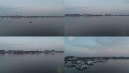 苏州阳澄湖航拍清晨岸边码头游船高清在线视频素材下载