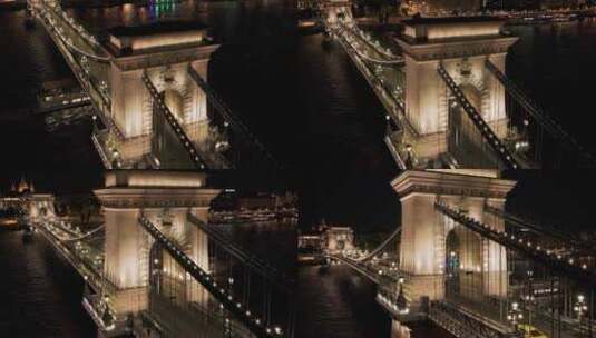 航拍匈牙利布达佩斯链子桥塞切尼桥夜景灯光高清在线视频素材下载