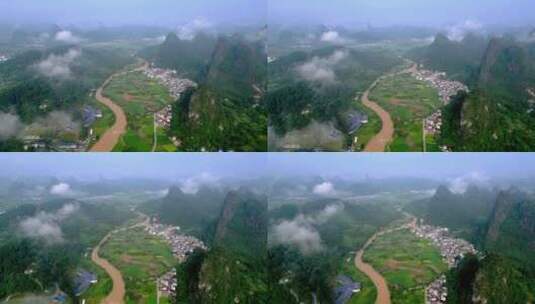 航拍桂林早晨到烟雨漓江自然风光高清在线视频素材下载