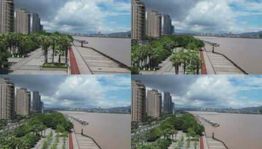 航拍温州瓯江沿江城市风光高清在线视频素材下载