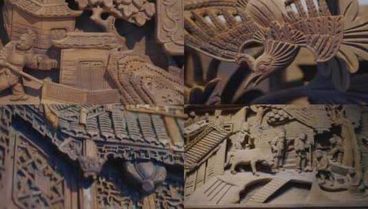 木雕古代雕花木板雕刻历史文化斗拱龙头凤凰高清在线视频素材下载