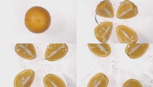 俯拍橙子落下 散开 水花飞溅 4k慢镜头高清在线视频素材下载