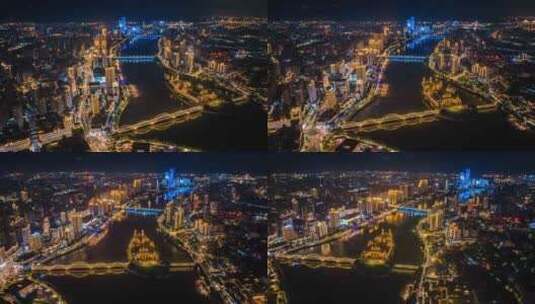 福建福州闽江中洲岛解放大桥城市夜景航拍高清在线视频素材下载