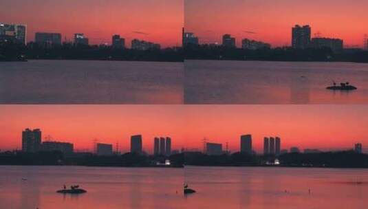 广州海珠湖公园夕阳落日黄昏余晖高清在线视频素材下载