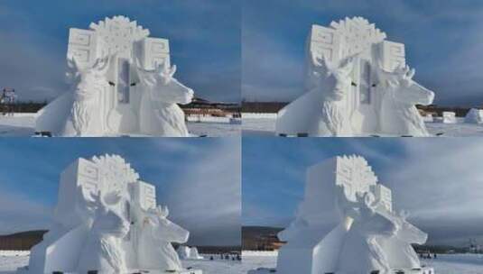 内蒙古驯鹿元素精美雪雕高清在线视频素材下载