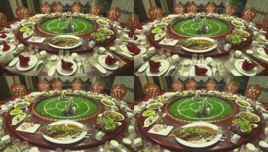 餐厅旋转大圆桌摆满了菜品高清在线视频素材下载