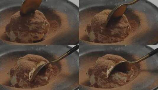 用勺子挖奶油可可蛋糕特写高清在线视频素材下载