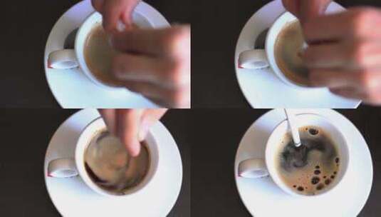 俯拍往咖啡杯里放入白糖并搅拌均匀高清在线视频素材下载