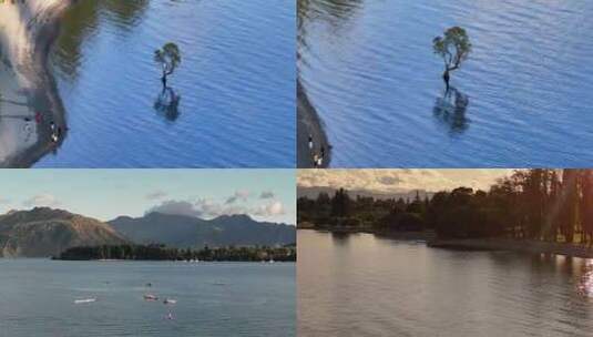 航拍新西兰瓦纳卡碧蓝湖畔高清在线视频素材下载