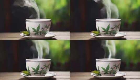 一杯冒着热气的绿茶高清在线视频素材下载
