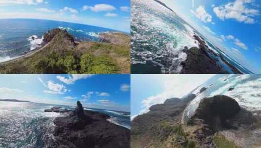 广角航拍大海海岸线清澈的海水海边波浪翻滚高清在线视频素材下载