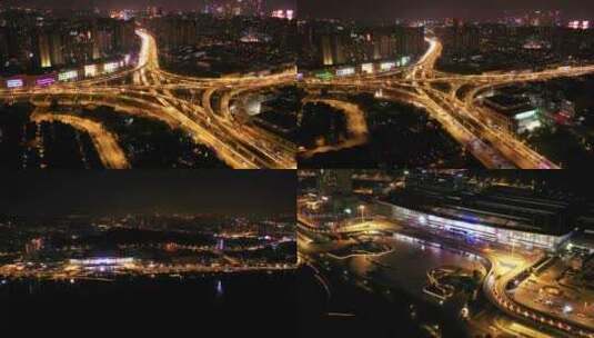 南京市玄武湖 火车站夜景 航拍高清在线视频素材下载