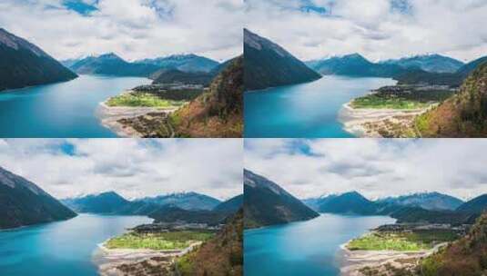 西藏林芝巴松措高山湖泊绿树自然风景航拍高清在线视频素材下载