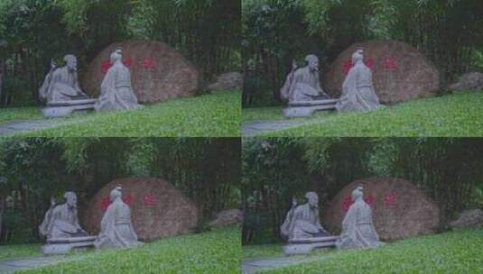 园博园雨天三国人物塑像隆中对故事国风场景高清在线视频素材下载