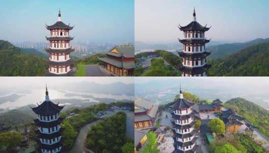 杭州萧山湘湖先照寺建筑风景航拍高清在线视频素材下载