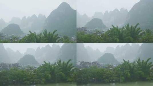 桂林山水烟雨意境阳朔兴坪喀斯特峰林高清在线视频素材下载