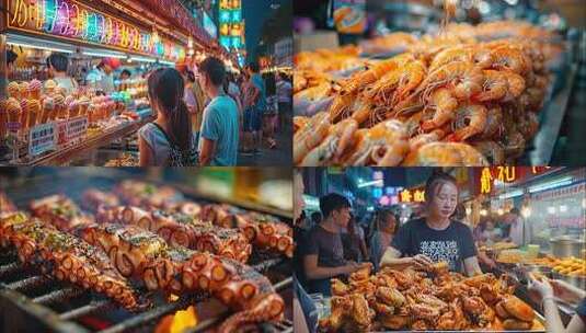 城市夜市烧烤小吃美食街夜生活小吃夜景ai高清在线视频素材下载