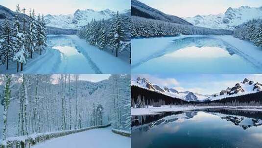 雪野寂静 白桦成行 冰湖映山 冬日童话高清在线视频素材下载