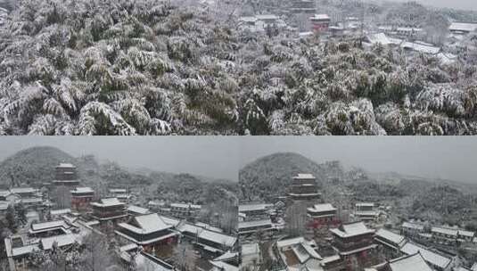 航拍杭州径山寺中式古建筑寺庙山顶森林雪景高清在线视频素材下载