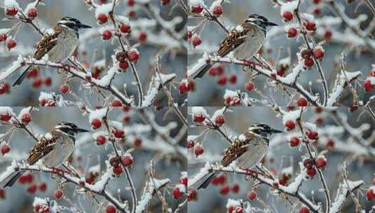 雪覆枝头的小鸟特写高清在线视频素材下载