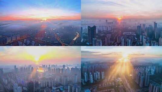 城市日出云海航拍全景高清在线视频素材下载
